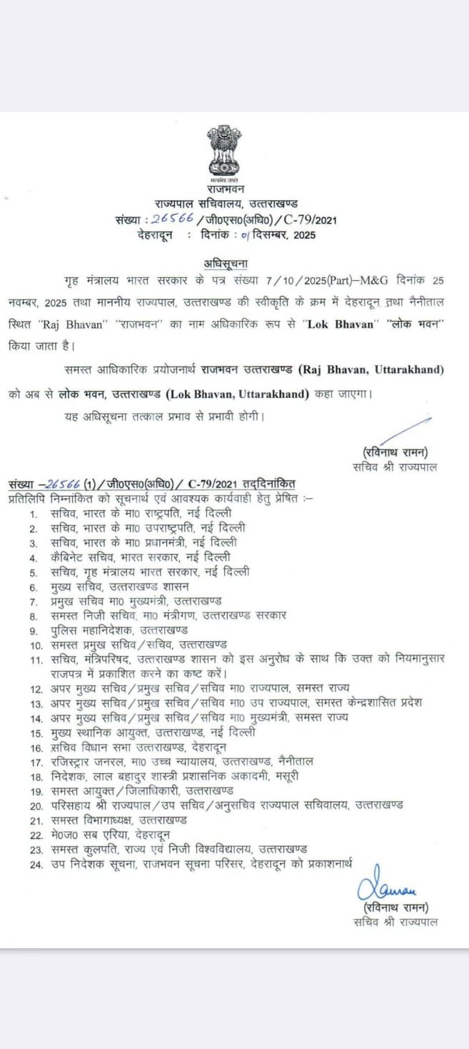 देहरादून और नैनीताल में स्थित राजभवन का नाम बदला, आदेश जारी