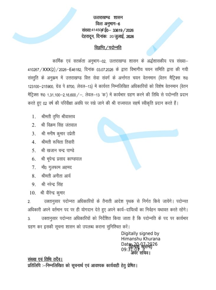 उत्तराखण्ड वित्त सेवा के कई अधिकारियों को मिला प्रमोशम