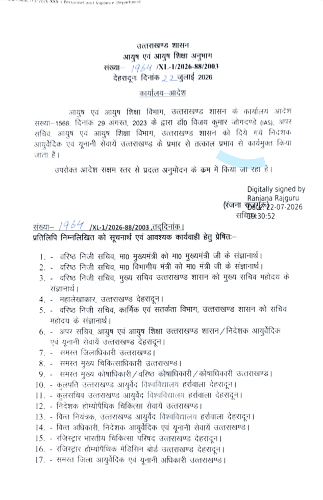 आयुष विभाग के निदेशक पद से विजय कुमार जोगदंडे कार्यमुक्त