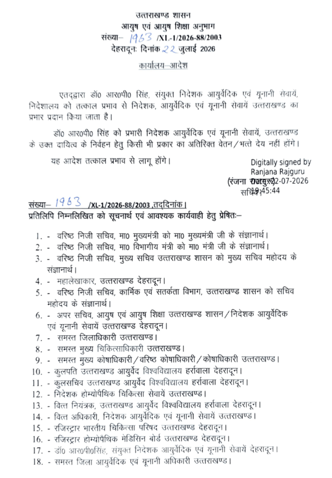 आयुर्वेदिक एवं यूनानी सेवाओं के प्रभारी निदेशक बने डॉ. आर.पी. सिंह